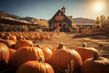 Harvest Hues: A Pumpkin Farm with Pumpkins and Barn Captured in the Style of Lens Flare