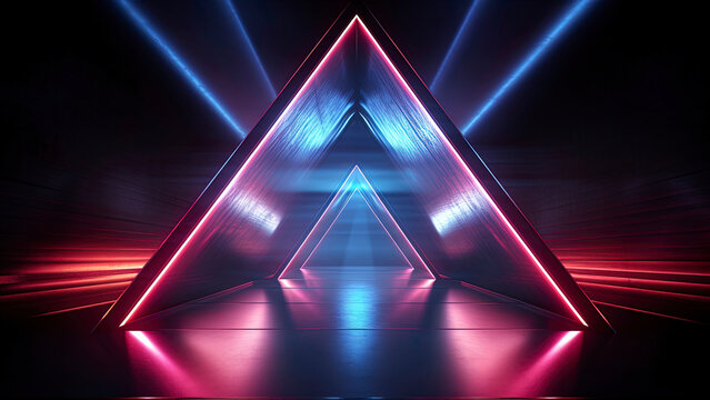 Abstract futuristic neon landscape, light round triangle in the center. Generation AI © MiaStendal