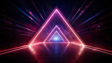 Abstract futuristic neon landscape, light round triangle in the center. Generation AI