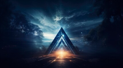 Abstract futuristic neon landscape, light round triangle in the center. Generation AI
