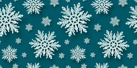 Seamless  pattern with paper cut snowflakes. Christmas design 3D illustration on teal colored background for presentation, banner, cover, web, flyer, card, sale, poster, slide and social media.	