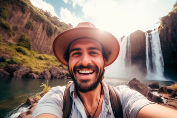 Handsome tourist visiting national park taking selfie picture in front of waterfall - Traveling life style concept with happy man wearing hat and sunglasses enjoying freedom in the nature - obrazy, fototapety, plakaty