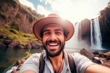 Fotobehang Handsome tourist visiting national park taking selfie picture in front of waterfall - Traveling life style concept with happy man wearing hat and sunglasses enjoying freedom in the nature © MariaJos