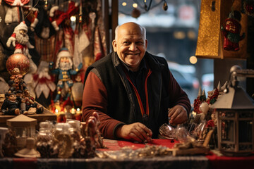 Vendor selling traditional holiday crafts and ornaments at a Christmas market stall - obrazy, fototapety, plakaty