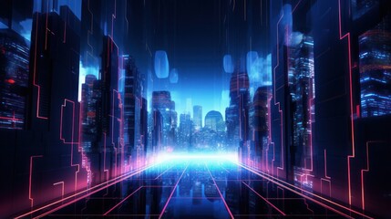 Neon infused abstract background with technology particles, capturing the essence of a futuristic, cyberpunk inspired cityscape