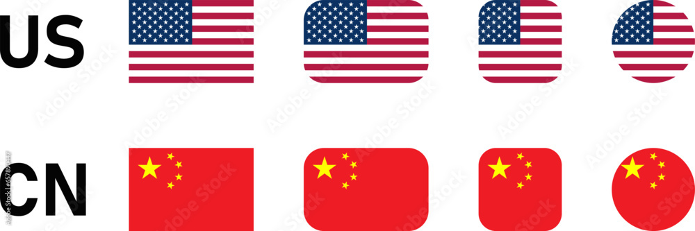 Poster us united states of america and china flag set with rectangle and square with rounded corners and ro