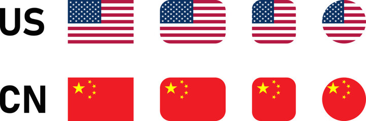 US United States of America and China Flag Set with Rectangle and Square with Rounded Corners and Round Circle Flag Icon Set. Vector Image.