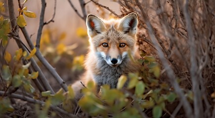 close-up of fox in the wild nature, fox in the forest, cute fox in the nature, close-up of cute fox