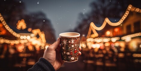 Hand Holding a Coffee Cup in Christmas Illumination at Christmas Market