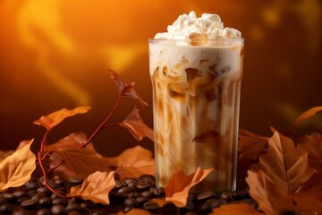 Iced Coffee Drink Sitting on Top of Autumn Leaves, Created in the Style of Autumnal Bliss
