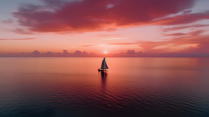 Mesmerizing hues of a vibrant sunset over a tranquil sea. Aerial view capturing nature's canvas at...