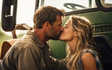 Affectionate farmer couple are kissing at tractor on rural farm. Generative AI