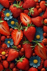 Strawberries on a market, beautiful flowers in between