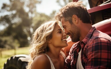 Affectionate farmer couple are kissing at tractor on rural farm. Generative AI