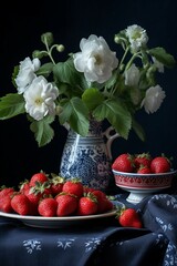 Strawberries served for breakfast, flower decor