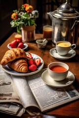 French breakfast with coffe, strawberries, croissants and a cup of tea while reading the newpaper