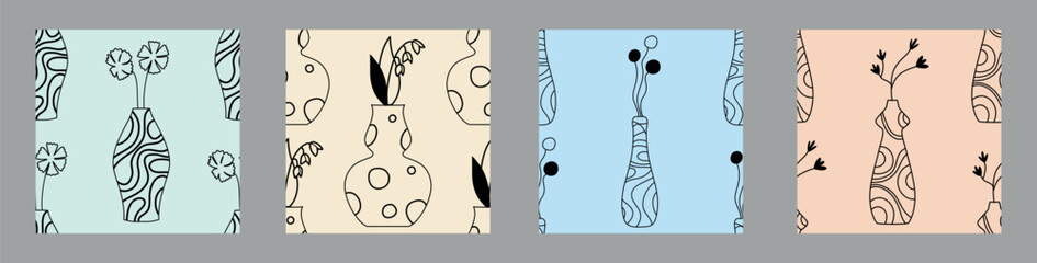 A set of vase line patterns. Vase and flowers outline. Vector illustration