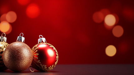Fototapeta premium Beautiful red shiny christmas spheres with blurred christmas background of bokeh lights, Generative AI