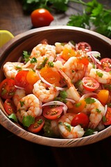 Fried shrimps with carrots, onions, tomatoes and peppers served in a bowl