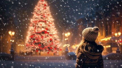Little Girl Looking at a Christmas Tree, Enveloped in the Atmosphere of Holiday Magic