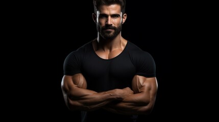 Strong athletic man in black t shirt cross arms isolated on black background with copy space. - obrazy, fototapety, plakaty