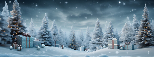 Background for a greeting card for Christmas and New Year with a small Christmas tree and a gift.