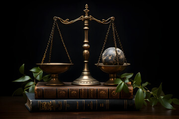 International Law and Environment Law. Green World and gavel with scales of justice and books. law for global economic regulation aligned with the principles of sustainable environmental conservation.