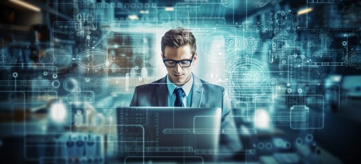 Professional Business Woman at Her Desk on Search Bar, Illustrating Digital Competence