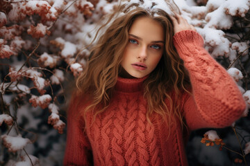 Portrait of young girl wearing a coral-toned sweater