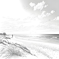 coloring book page clean simple line art of a majestic beach no background 