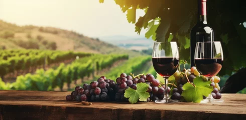 Gordijnen Table Background in Vineyard with Grapes and a Glass of Wine, Capturing Vineyard Serenity © bomoge.pl