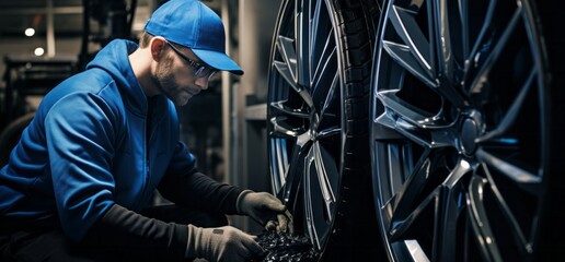 Close-Up of Technician Working on Car Wheels in Luxurious Car Repair Shop with Dark Silver and Azure Tones