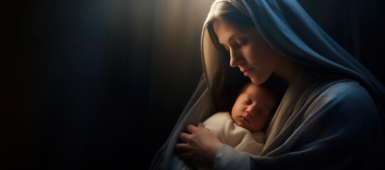 Portrait of Mary with Baby Jesus, Blurred Background with Copy Space - obrazy, fototapety, plakaty