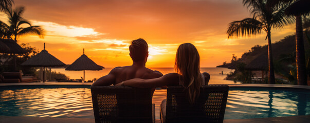 Young couple traveler relaxing and enjoying the sunset by a tropical resort pool