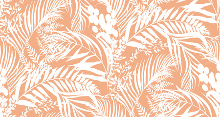 Seamless pattern with tropical plants. Botanical silhouettes of herbs and fern leaves with dried flowers in vector for textiles