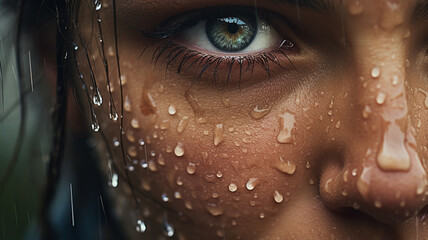 beautiful woman with wet face - obrazy, fototapety, plakaty