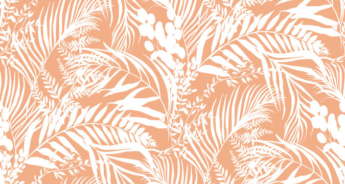 Seamless pattern with tropical plants. Botanical silhouettes of herbs and fern leaves with dried flowers in vector for textiles