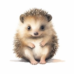 Watercolor illustration of  a baby hedgehog isolated on white, cute nursery animal portrait  illustration.