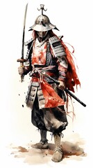 Fototapeta premium Samurai in ancient armor with a sword attack, Asian watercolor style illustration, isolated on white.