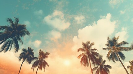 Fototapeta na wymiar The Sky Behind Palm Trees, Immersed in Vintage Aesthetics, Eliciting Nostalgia