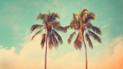 Three Coconut Trees in the Sky, Surrounded by Tropical Palm Fronds, a Slice of Paradise