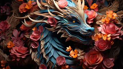 Fantastical dragon in cut out style, fantastic character, colorful bright background.ai generative...