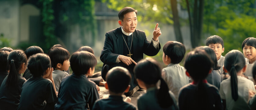 Asian pastor or priest preaching in village outside to group of children. Generative AI