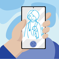 Doctor online. Woman. Online consultation with a doctor via phone. Online healthcare and medical consultation and support services concept. Social distancing. Flat vector illustration