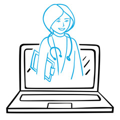 Doctor online. Woman. Online healthcare and medical consultation and support services concept. Social distancing. Flat vector illustration