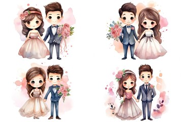 watercolor style illustration of pretty Asian couple lover bride and groom in wedding outfit, collection set, Generative Ai