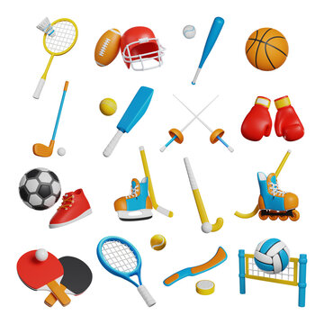 Collection of 3D Active Sport icons isolated white background.