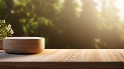 Obraz premium Wooden Table Mockup Featuring a White Pot with Sunrays Shining Upon It in a Landscape-Focused, Dark Beige Setting