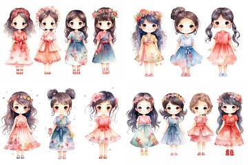 watercolor style illustration of cute young Asian girls wearing pretty dress standing together, collection set, Generative Ai