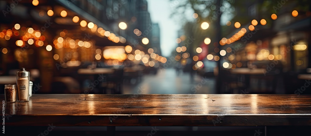 Canvas Prints Product background with empty table on blurred dark cafe restaurant windows